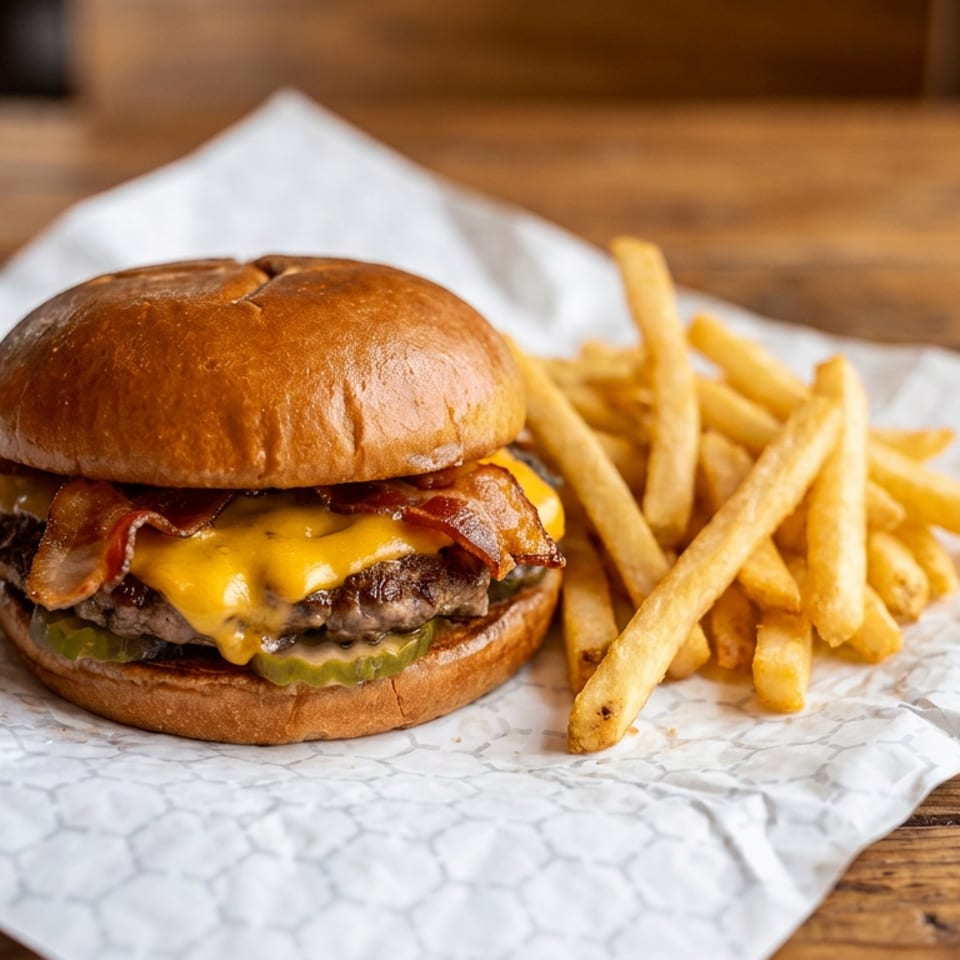 Cheeseburger with bacon, pickles, and melted cheese served alongside golden fries on a paper-lined wooden table.