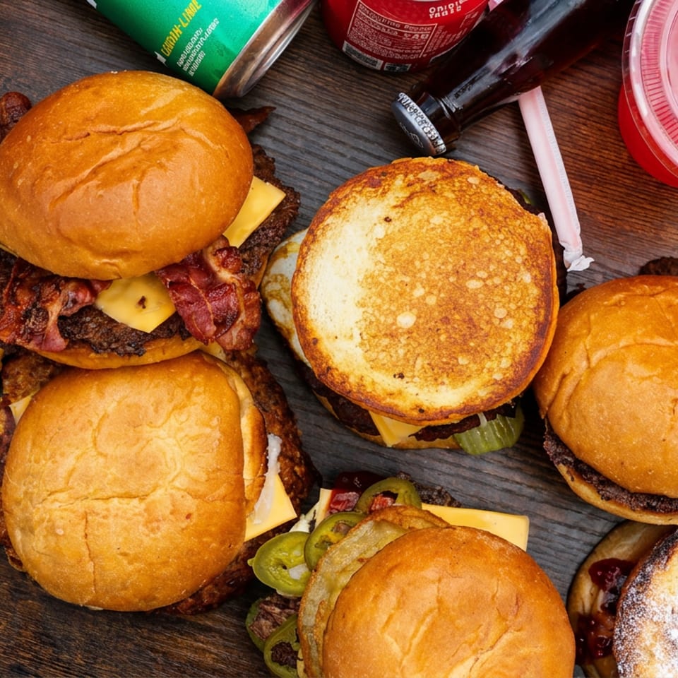 Overhead spread of cheeseburgers with assorted toppings, fries, onion rings, and colorful soft drinks on a wooden table.
